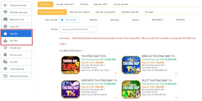 Hướng dẫn nạp tiền tại nhà cái QH88